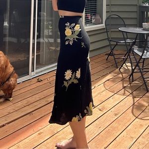 Ann Taylor Midi Skirt - Black w/ Yellow Flowers